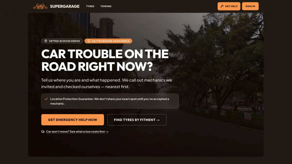 SuperGarage website: “Car trouble on the road right now?”, with buttons to get emergency help or find tyres by fitment